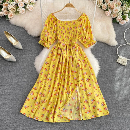 2024 Fashion New Summer Flower Print Long Dress Women Vintage Square Neck Ruched Chest Split  Sundress Party Vestidos