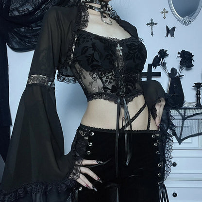 Women's Autumn New Gothic Style Lace Bell Sleeve Blouse Tops Gauze Long Sleeve Coat Halloween Costume