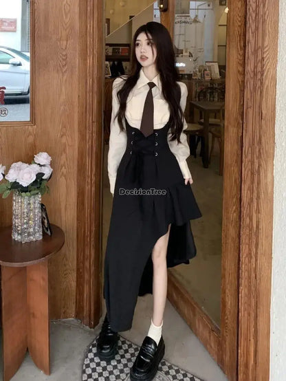 2023 spring new korean style sweet and spicy strap dress long sleeve shirt set two piece retro casual women fashion jk set s491