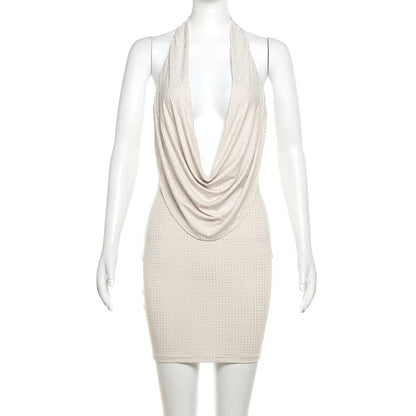 Sexy Halter Neck Mini Dress Women Deep V Neck Mesh Diamonds Bodycon Off Shoulder Night Club Backless