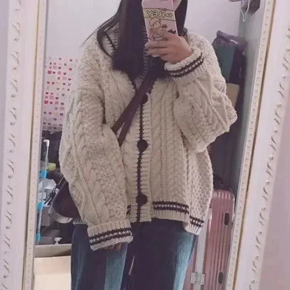 Beige Star Cute College Single Breasted Sweater Women Autumn Korean Woman Sweaters Contrast Color V-neck Knitted Cardigan
