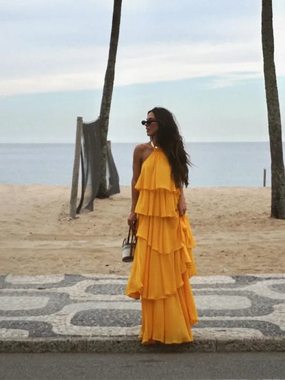 Sexy Off Shoulder Ruffles Layered Halter Maxi Dress Women Backless Sleeveless Floor Length Robes 2024 Lady Beach Party Vestidos
