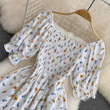 2024 Fashion New Summer Flower Print Long Dress Women Vintage Square Neck Ruched Chest Split  Sundress Party Vestidos
