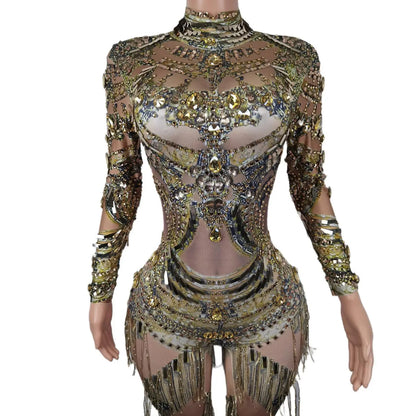 Sexy Sparkly Gold Rhinestones Sequins Jumpsuit Evening Birthday Celebrate Fringes Wedding Prom Party Photography Costume Wanxia