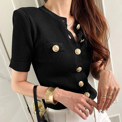 Runway Korean Chic Women's Clothes Cardigan Summer Elegant O-neck Big Button Design Slim Female Short Knitting Top Tees