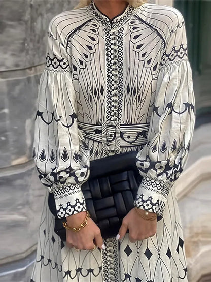 Black Printed Stand Collar A-line Midi Dress With Belt Women Lantern Sleeve Button Dresses 2024 Lady Casual Vacation Vestidos