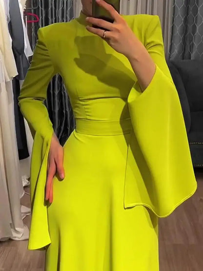 Missuoo Women Ladies Elegant Evening Dress Half High Neck Long Ruffle Sleeves Slim Fit Floor Length Wrap Dresses Banquet Dress