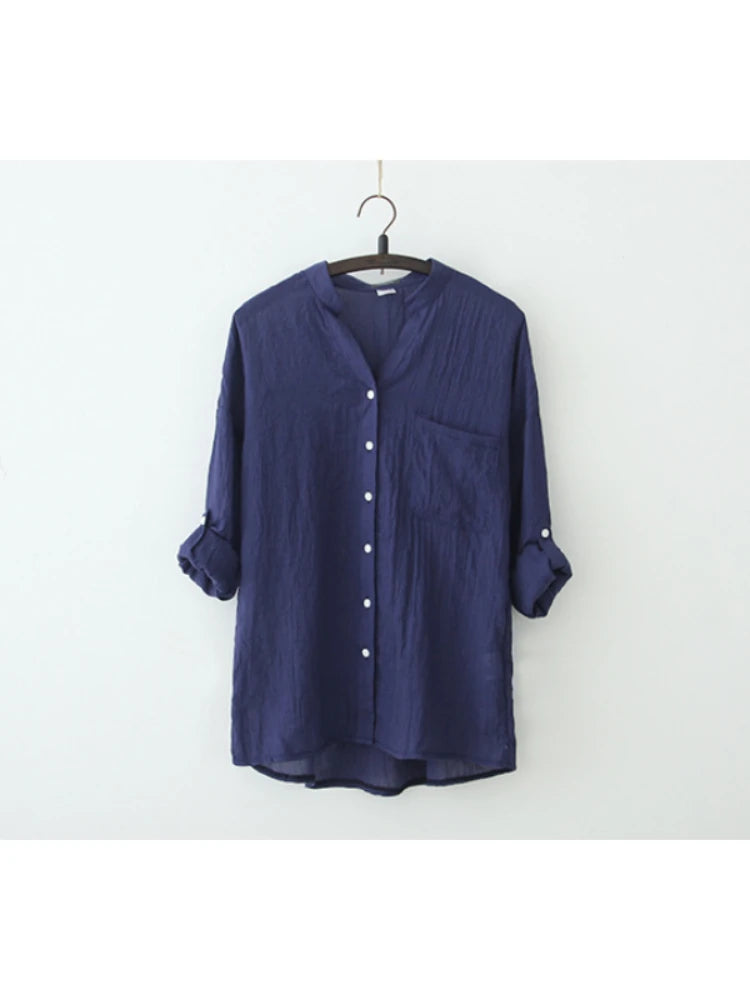 Casual Long Seleeve Literature Femal Autumn Blouse Cotton Linen Shirt Woman Vintage Winter Loose Stand-up Collar Shirt