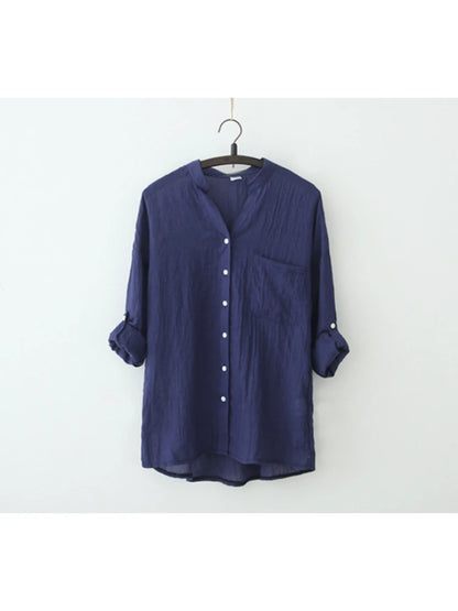 Casual Long Seleeve Literature Femal Autumn Blouse Cotton Linen Shirt Woman Vintage Winter Loose Stand-up Collar Shirt