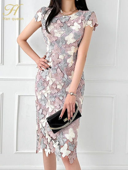 H Han Queen 2023 Summer Elegant Chic Lace Dresses Women Korean Retro Vestidos Fashion Color Blocking Office Party Casual Dress