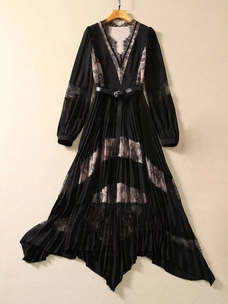 Fashion Runway Dress Spring Autumn Women V Neck Hemp Chiffon Party Vacation Asymmetrical Vestidos Waist Belt Sliming