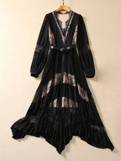 Fashion Runway Dress Spring Autumn Women V Neck Hemp Chiffon Party Vacation Asymmetrical Vestidos Waist Belt Sliming