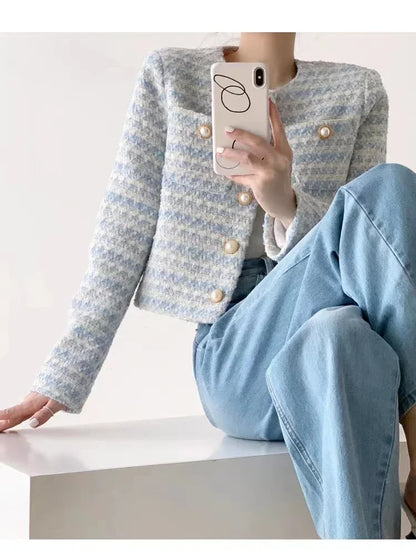 ITOOLIN Autumn Winter Women Elegant  Tweed Cardigan Short Coat With Pocket Single Breasted Jacket For Women Loose Outwear