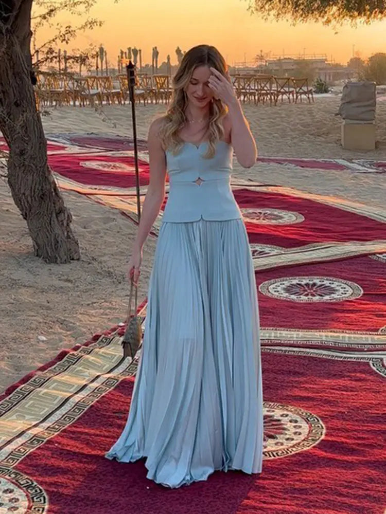 Elegant Blue Off Shoulder Pleated Dress For Women Sleeveless Backless A Line Dresses 2024 Spring New Female Vacation Party Robes