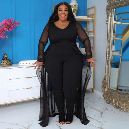 Plus Size 5XL Jumpsuit for Women Elegant O Neck Long Sleeve Stretch Pockets Patchwork Dresses Romper One-piece Overalls 2023