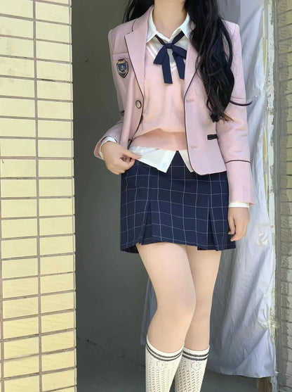Adult Women Japanese Korean Student JK Uniform Suits Autumn And Winter Shirt + Sweater Vest + Pleated Skirt Girls School Dresses