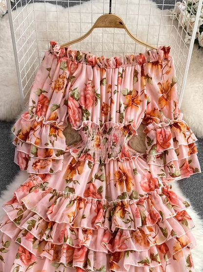 Summer New Off Shoulder  Wrap Waist to Show Thin A-line Fragmented Cake Dress Women's Beach Vacation Chiffon Long Dress GD820