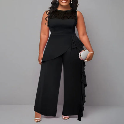 Plus Size Spring Summer Fashion Solid Jumpsuit Women Sexy Round Neck Sleeveless Wooden Ear Edge Wide Leg Pants Elegant Jumpsuit