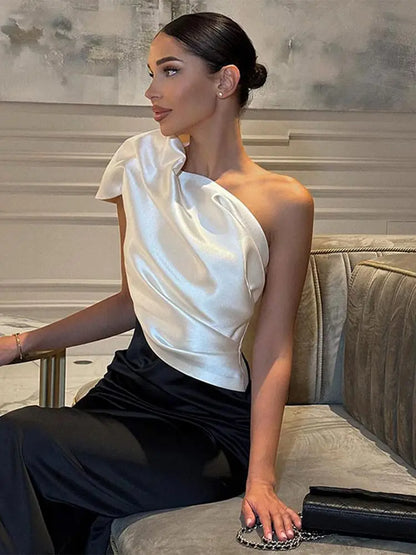 Women's Oblique Shoulder Dress Sexy Sleeveless Satin Patchwork Pleated High Waist Dresses Female Fashion Party Evening Robes