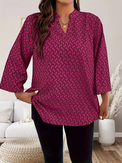 Women's Plus Size Printed Curly Sleeve Top Casual V-neck Three Quarter Sleeve Shirt