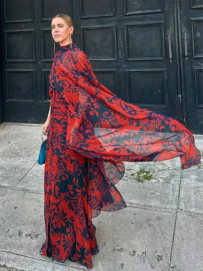 Elegant Printed Shawl Pleated Long Dress Women Fashion Round Collar Casual Bodycon Dresses 2024 Spring Chic Lady Street Vestidos