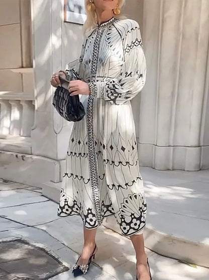 Black Printed Stand Collar A-line Midi Dress With Belt Women Lantern Sleeve Button Dresses 2024 Lady Casual Vacation Vestidos