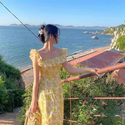 MEXZT Vintage Floral Midi Dress Women Sweet Print Square Neck A Line Dresses Korean Vacation Yellow Flying Sleeves Slim Vestidos