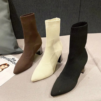 2022 New Autumn Winter Thick High-heeled All-match Thin and Thin Boots Women's Pointed Toe Mid-tube Elastic Socks Boots Women