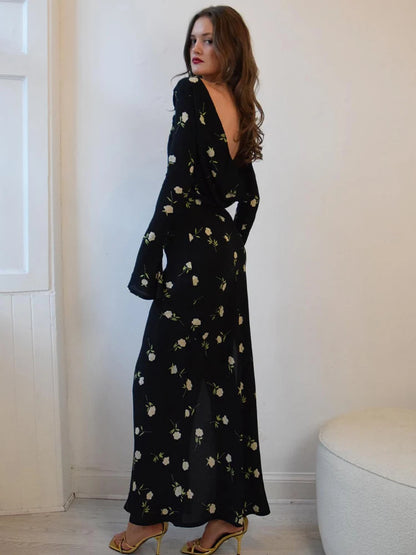 JULISSA MO Ladies Chiffon Floral Print Long Sleeve Backless Maxi Dress High Split Elegant Slim Evening Dress  Autumn Outfits