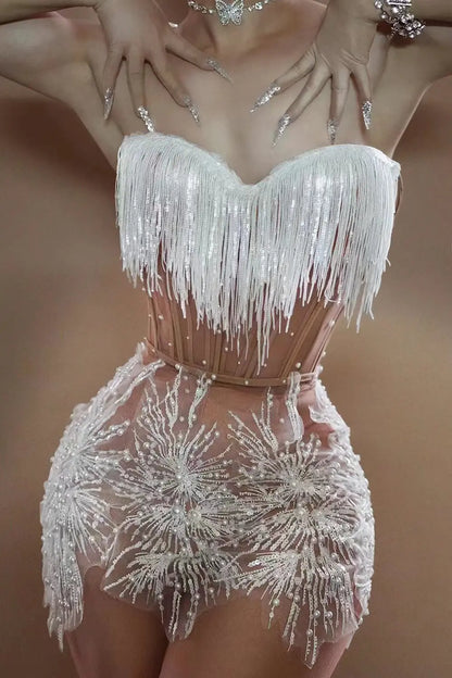 See Through Women Cocktail Brithday Gowns Sheer Sexy Luxury White Pearls Tassel Dress Black Girl Short Prom Dresses Shangxue
