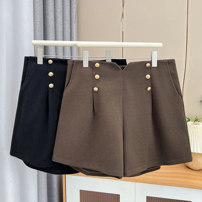 Autumn And Winter 100KG Fashion Woolen Wide Leg Shorts Plus Size Women's Casual High Waist Six Button Bootcut 1170