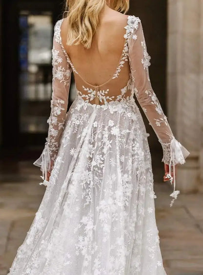 New Sexy Lace Long Sleeved V-neck White Dress For Women