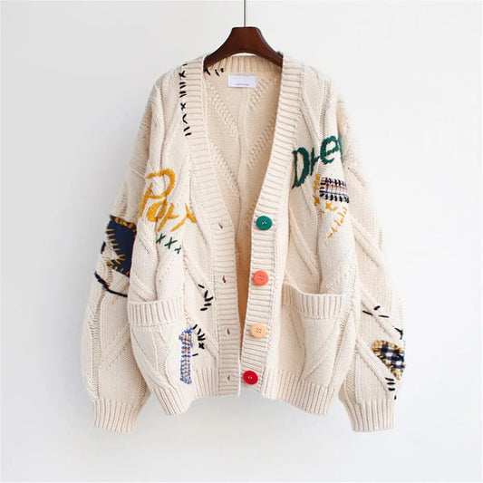 New Embroidery Knitted Cardigan Women's Sweater Warm Long Sleeve Letter Print Pocket Jumpers Autumn Winter Loose Sweaters