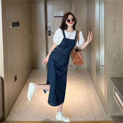 Women's Summer Fashion Side Split Dress Korean Edition Casual Denim Strap Dress Versatile Thin And Small Design Long Dress