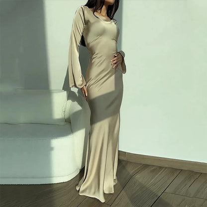 Women‘s Maxi Dress 2024 New Silk Long Round Neck Satin Flare Sleeve Lace Up Slim Skirt Evening Party Dresses Sexy Chic Robes