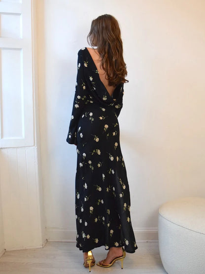 JULISSA MO Ladies Chiffon Floral Print Long Sleeve Backless Maxi Dress High Split Elegant Slim Evening Dress  Autumn Outfits