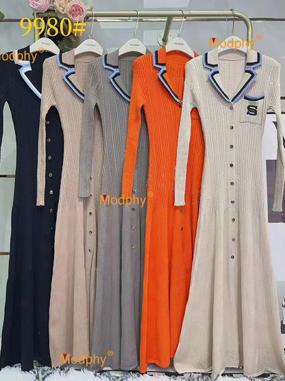 Modphy Elegant Slim Knitted Long Dress Women's Letter Single Breasted Long Sleeved Designer Vintage Dresses Autumn