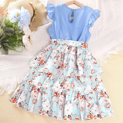 Dress Kids Girls 7-12 Years Girls' Blue Spliced Floral V-Neck Small Flying Sleeve Dress Casual Vacation Children Princess Dress