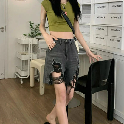MEXZT S-5Xl Denim Shorts Women High Waist Hole Jeans Shorts Summer Streetwear Korean Vintage Distressed Wide Leg Short Pants New