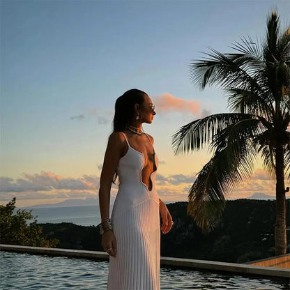 White V-neck Wavy Hollow Out Sling Knitted Dress Women Sleeveless Backless Robes 2024 New Casual Beach Vacation Sexy Dresses