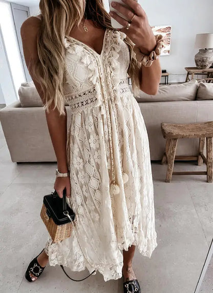 2024 Women's New Lace Dress V Neck Lace-up Cotton Regular Fit Sweet Maxi Dress Irregular Length Tassel Vacation Robes Mujer Boho