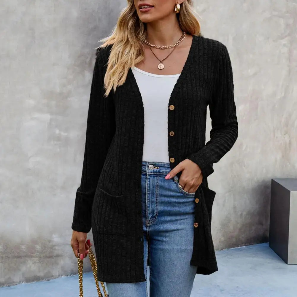 Front Button Pocket Coat Solid Color Cardigan Cozy Knitted Women's Winter Fall Coat Long Sleeve Soft Warm with for Ladies