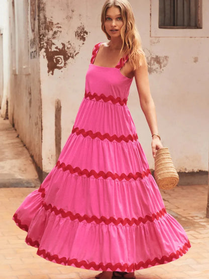 Contrast Wave Strap Holiday Dress Women Casual Vacation Loose Tube Top Dresses Female 2024 Chic Fashion Stripe Robes Newest