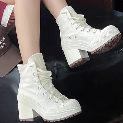 Women Canvas Shoes Lace Up Fashion High Heel Platform High Quality Ankle Boots Casual Classic Versatile Outdoor Shoes For Female