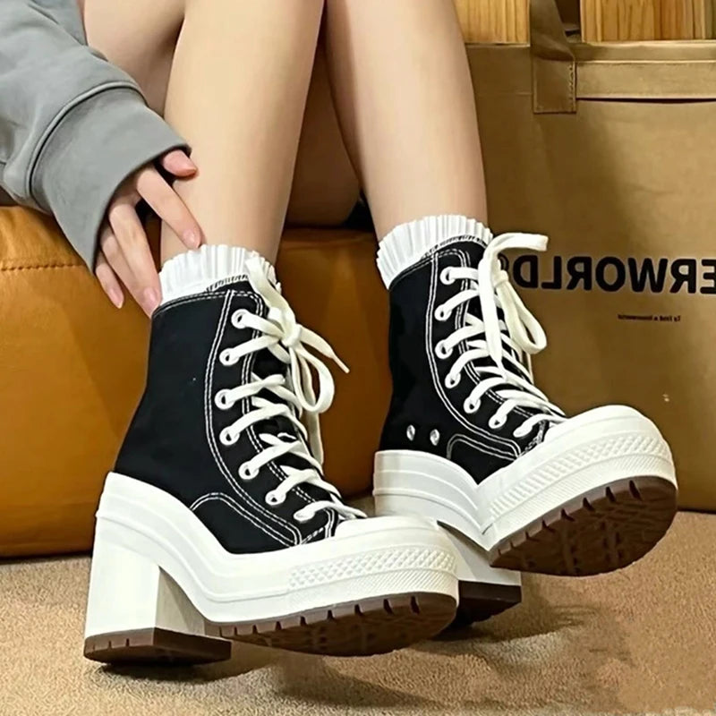 Women Canvas Shoes Lace Up Fashion High Heel Platform High Quality Ankle Boots Casual Classic Versatile Outdoor Shoes For Female