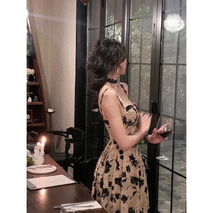 2024 Korean Fashion Summer Floral Strap Midi Dress Women Sleeveless Elegant Vintage Dress Evening Party One Piece Dress