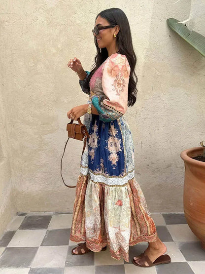 Vintage Lantern Sleeves Printed Splicing Maxi Dress Women Elegant V-neck A-line Dresses 2024 Female Beach Vacation Vestidos