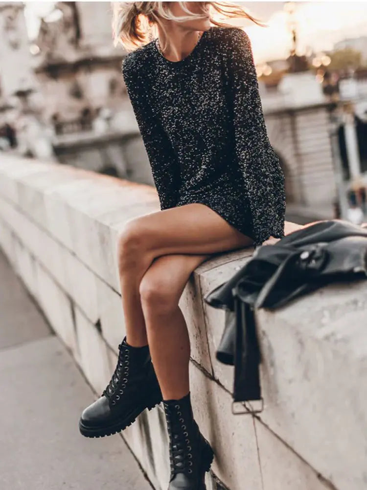 Women Fashion Shiny Sequins Mini Dress Elegant Backless Round Neck Long Sleeve Prom Dresses Sexy Party Club Ladies Vestidos