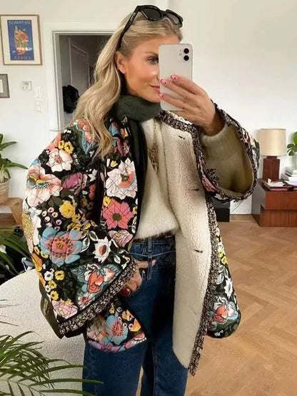 TRAF Quilted Jacket Woman Autumn Winter Flower Printed Vintage Demi-season Jacket for Women Coats Tweed Warm New in Outerwear