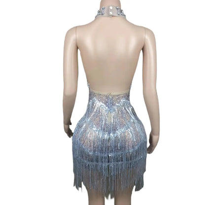 Luxury Sexy See Through Halter Silver Beads Crystals Dresses Black Girls Tassel Short Birthday Party Prom Dresses 2024 Sanjiao